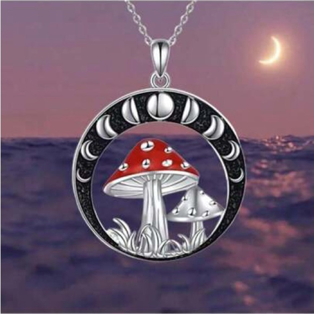 Silver and Red Colored Mushroom Pendant Necklace